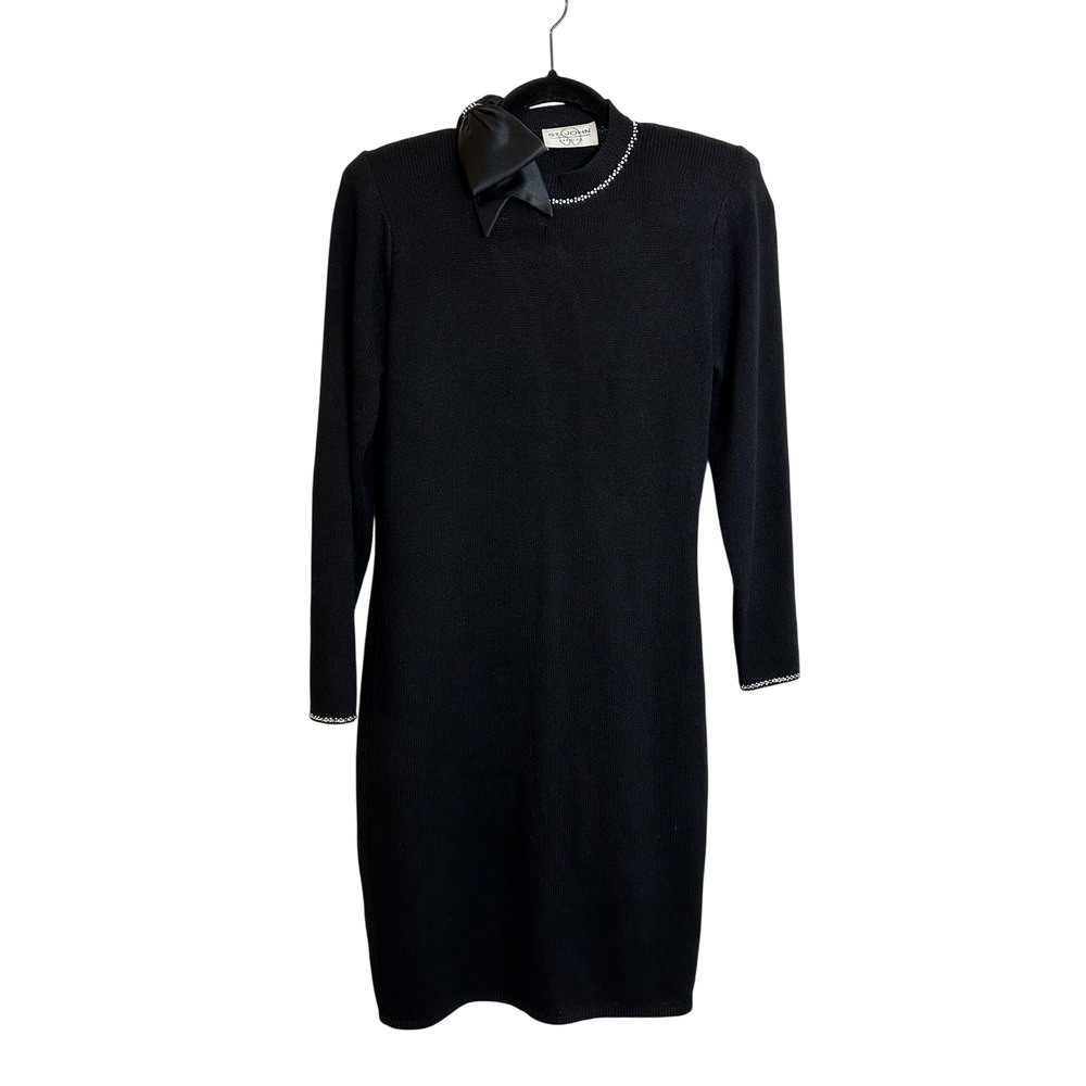 VTG ST. JOHN Evening Santana Knit Dress Size 6 Black Rhinestone‎ Bows Open Back